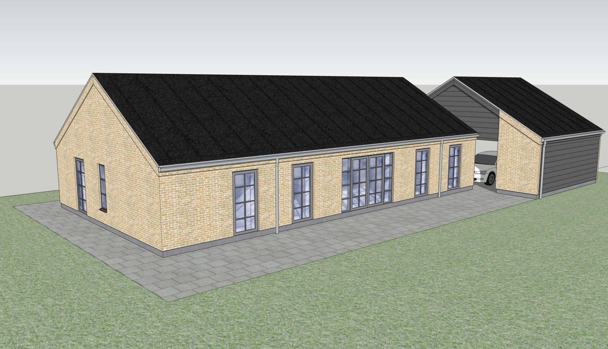 2120, Nyt hus med bondehusvinduer og carport - Sydvest